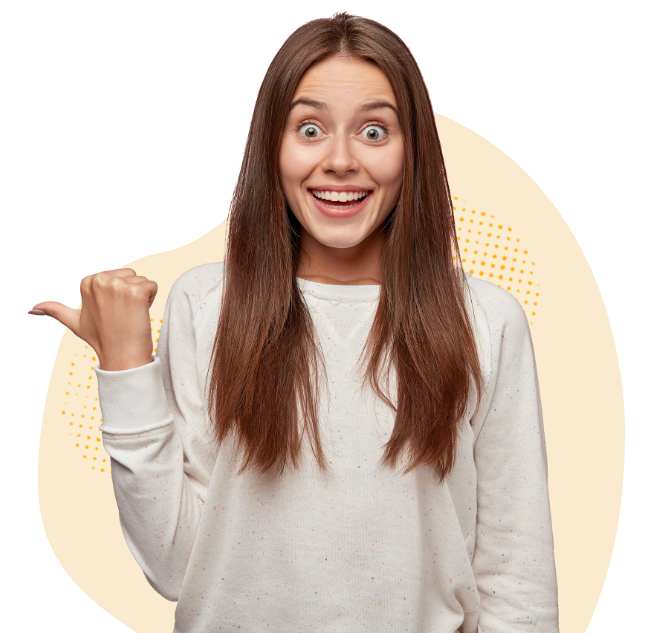 smiling woman pointing to the left with her thumb