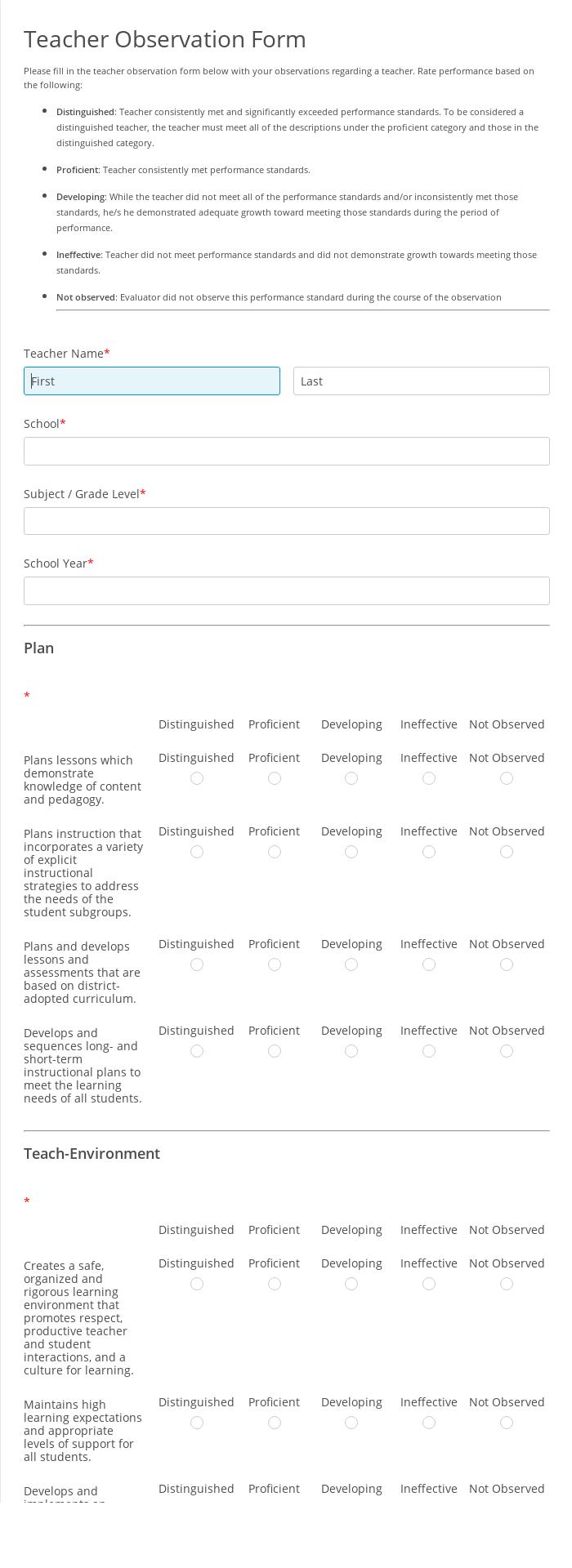 Teacher Observation Form Template | 123FormBuilder
